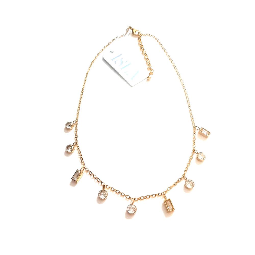 ISLA Anacapri Round & Rectangle CZ Gold Tone Chain Necklace 16"+ 2" Extender NWT